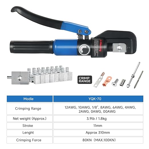 10 Tons Hydraulic Crimping Tool Kit Cable Lug Crimper Battery Terminals Crimping Tool with 9 US Standard Chromed Hexagonal Dies 12 AWG to 00 (2/0), 1/8" for Stainless Steel Wire Rope