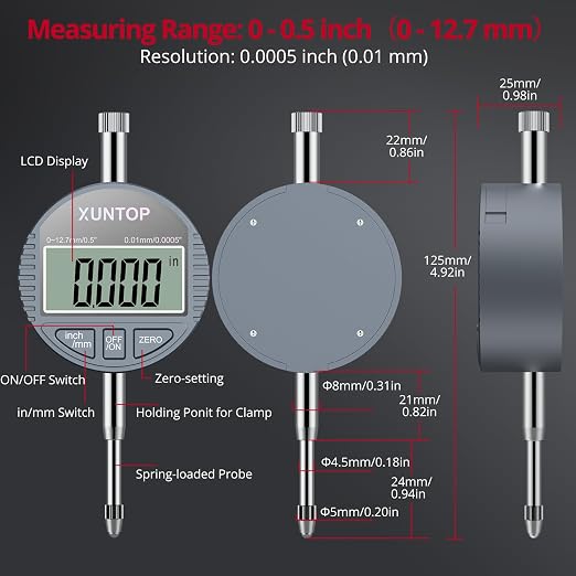 XUNTOP Digital Bore Gauge Set, 2-6"/0.0005" Digital Indicator Self-Centering Dial Bore Gauge with Carbide Anvils Deep Engine Cylinder Measurement Tool for Machining,CNC,Automotive