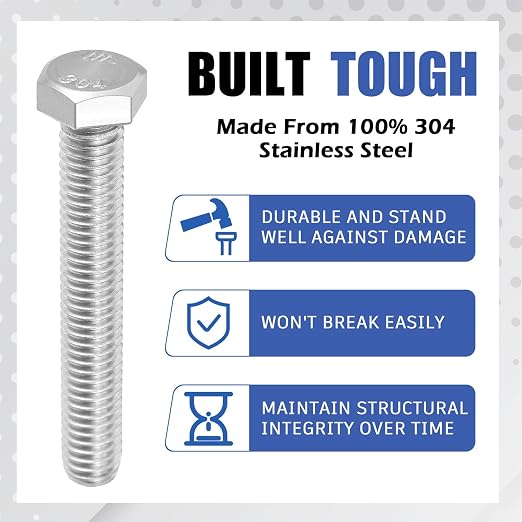 Zonon 50 Pcs 3/8-16 x 2-1/2" Hex Head Screw Bolt 18-8 (304) Stainless Steel Hexagon Bolts, Fully Threaded, Plain Finish, External Hex Drive (Silver)