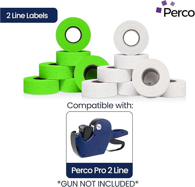 Perco White & Green Pricing Labels for Perco 2 Line Price and Date Gun – One White & One Green Sleeve - 12,000 Price Marking Labels – 2 Sleeves, 16 Rolls Combo Pack - with Label Scraper Included
