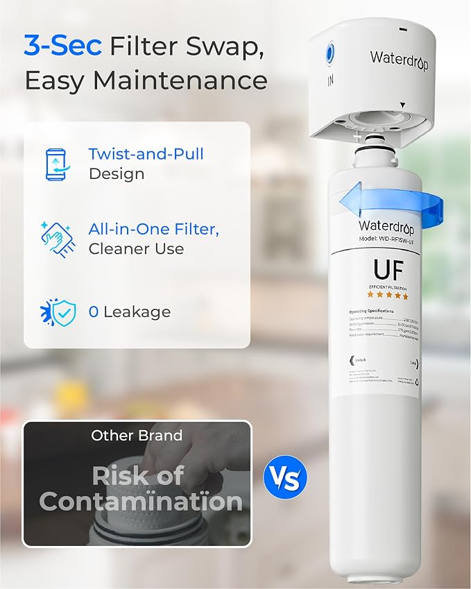 Waterdrop RF15W-UF 0.01 μm Water Filter Replacement for Waterdrop 15UAW-UF/15UBW-UF Under Sink Water Filter, Reduces Lead, Chlorine, Bad Taste & Odor, 2 Years