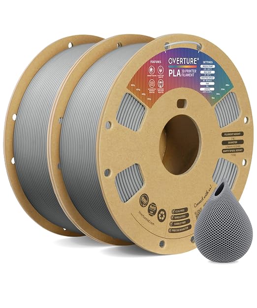 OVERTURE 2KG Bundle High Speed PLA Filament 1.75mm, Neatly Wound 3D Printer Filament 2 Pack 1kg Spool (2.2lbs) Rapid PLA, Fit Most FDM 3D Printers (Light Grey 2-Pack)