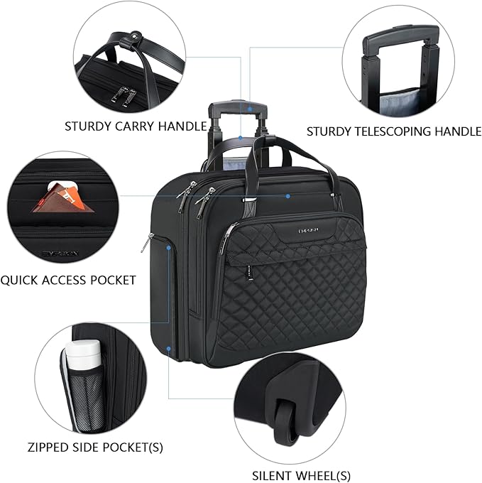 EMPSIGN Rolling Laptop Bag Women with Wheels, Briefcase for Women Fits Up to 15.6 Inch Laptop Briefcase on Wheels, Water-Repellent Overnight Rolling Computer Bag with RFID Pockets, Black