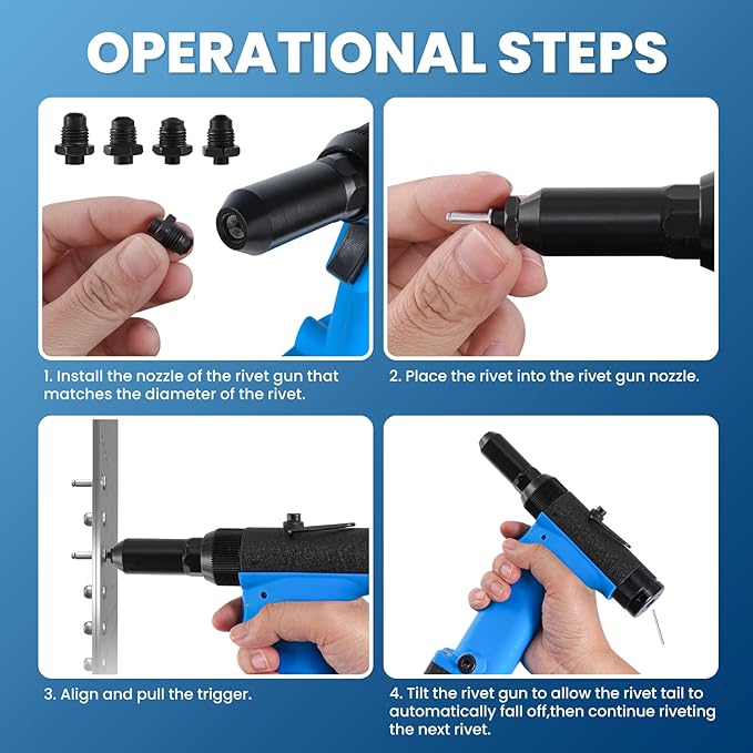 Air Pneumatic Rivet Gun Kit – Heavy Duty Pneumatic Riveter with 3/32", 1/8", 5/32", 3/16" Nosepieces, Ideal for Automotive, Construction, and Manufacturing Applications