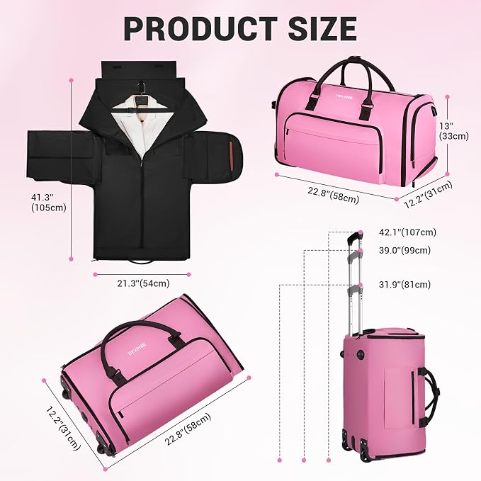 DEVPNR Rolling Garment Bags for Travel, 59L Rolling Duffle Bag with Wheels and Shoe Compartment for Men and Women, 3 in 1 Carry on Convertible Travel Garment Bag with Wheels, Pink