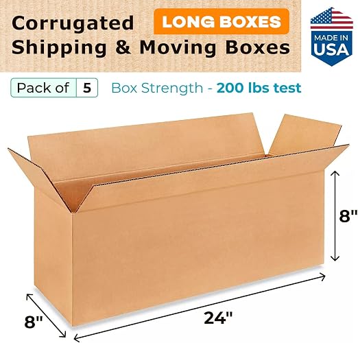 Long Moving & Shipping Boxes 24 x 8 x 8 inches (5-Pack) - Extra Strength 200 lb vs Regular - USA-Made Corrugated Cardboard Boxes for Delivery - Long Box for USPS - Box to Pack Moving by IDL Packaging