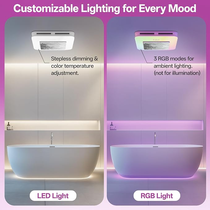 VallisCo Bathroom Exhaust Fan with Light, Odor & Humidity Sensors, 230 CFM Quiet Ceiling Fan with Remote, Timer, 3 Dynamic RGB Lights, 2700K–6500K Dimmable, Wall/Ceiling Mount (Black-to-White)