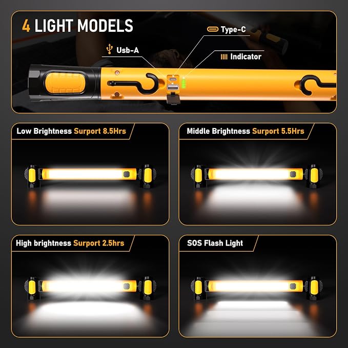 Work Light for Mechanic,3200LM LED Work Lights,5400mAh Rechargeable Magnetic Light bar,Portable Automotive Tools Underhood Light with Hooks for Car Garage Workshop Emergency,Gifts for Him, Yellow