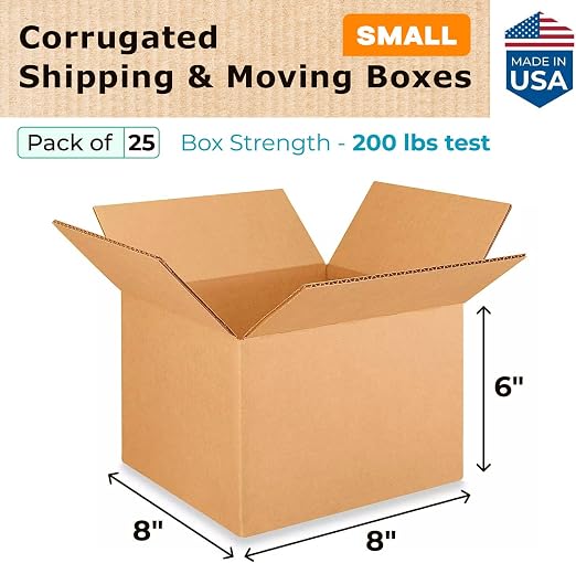 Small Moving & Shipping Boxes 8"L x 8"W x 6"H (25-Pack) - Extra Strength 200 lb vs Regular - USA-Made Corrugated Boxes for Packaging Moving - Small Cardboard Box - Corrugated Box by IDL Packaging