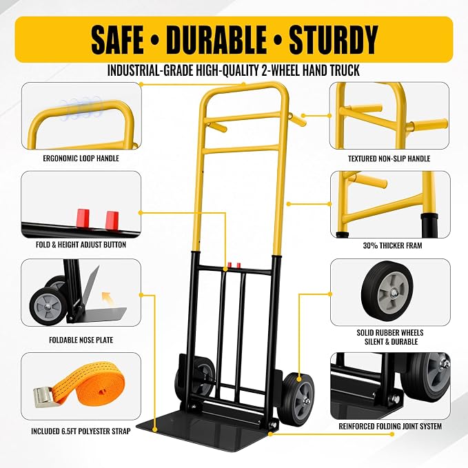 Folding Hand Truck Dolly Cart, 800 lb Capacity, Compact Foldable, Alloy Steel Frame, Adjustable Handle 47.5 to 51.5 Inches, Heavy-Duty 8 Inch Solid Rubber Wheels, for Moving, Warehouse, Home Office