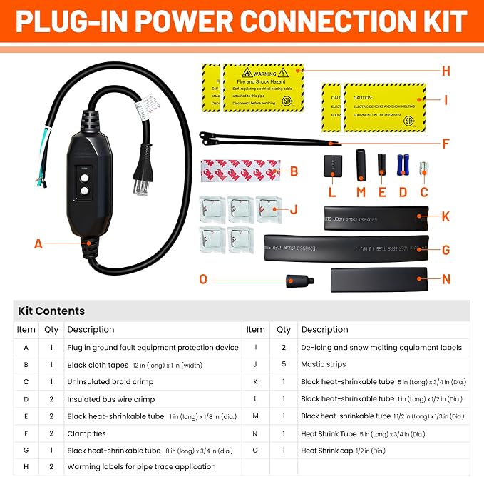 Pipe Roof & Gutter De-Icing Protection 120V Plug-In GFCI Power Connection Kit with Ground-Fault Protection for Self-Regulating Heat Cable (1 extra End Seal Kit included)