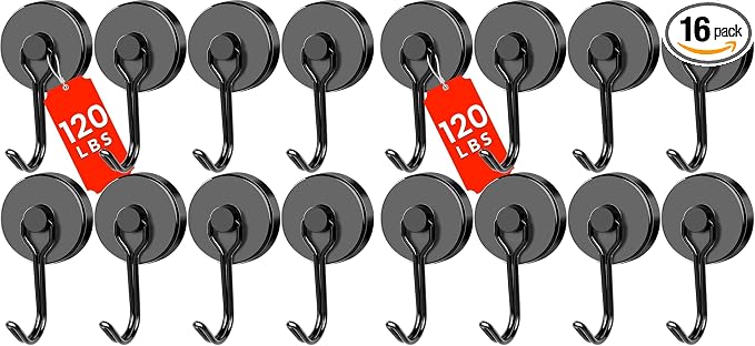DIYMAG Black Magnetic Hooks 120LBS Strong Magnetics Heavy Duty 2026 Cruise Ship Essentials Magnets with Metal Hook for Hanging Refrigerator Home Kitchen Office, 8Pack (Pack of 2)
