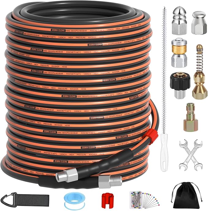 150FT Sewer Jetter Kit for Pressure Washer, 1/4" NPT Corner Drain Cleaner Hose 5800 PSI with Sewer Jetting Nozzles, Pearl Corsage Pin, Waterproof Tape, Extension Cord Organizer&2 Spanner