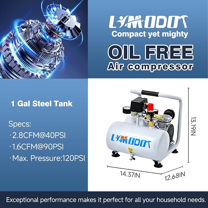 Quiet Oil-Free Electric Air Compressor, 68 dB, 1 Gallon Air Tank | Steel Tank Compressor for Woodworking, Nailing, Garage Use, Car Inflation and Pneumatic Tools, Includes Air Hose Kit