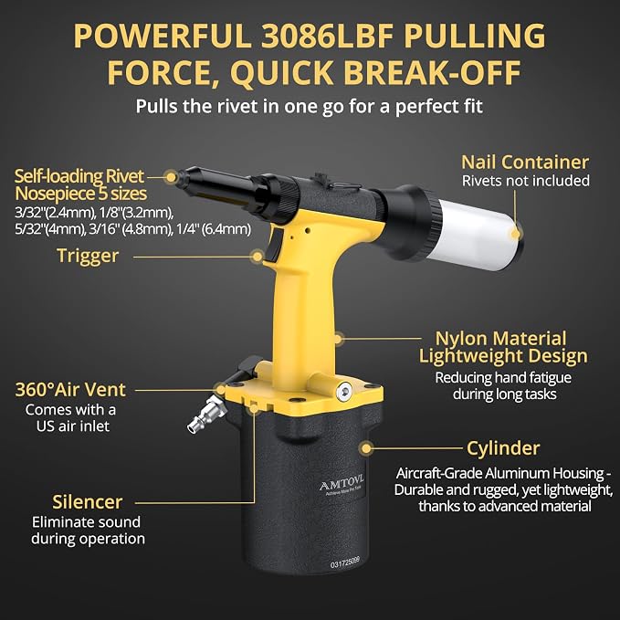 AMTOVL Pneumatic Riveter - 1400KGF/3086LBF Pulling Pneumatic Rivet Gun, Heavy-Duty Air Pop Riveter 3/32", 1/8", 5/32", 3/16", 1/4" Capacity Self-Suction Design