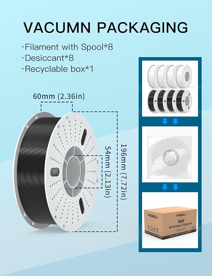 PINBALL PLA+ 3D Printer Filament 1.75mm, Black & White 3D Printing Filament, PLA Plus Filament Dimensional Accuracy +/- 0.02mm, Suitable for Most FDM 3D Printers, 8 KG 4 White+4 Black