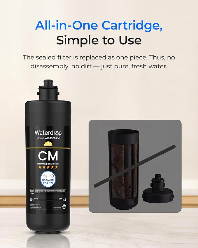 Waterdrop WD-10CM Water Filter Replacement for Waterdrop TSB-CM 3-Stage Under Sink Water Filter System, 12 monthsUnder Sink Water Filtration System, Reduces Chloramine Bad Taste & Odor