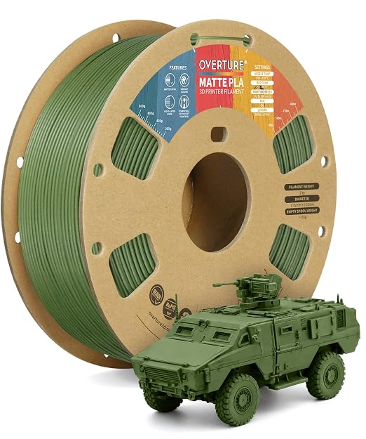 OVERTURE Matte PLA 1.75mm, Low Warp & Smooth Finish 3D Printer Filament | Frosted Matt Finish Hides Layer Lines, 1kg Spool (2.2lbs) Cardboard Spool, Fit Most FDM Printer (Matte Army Green)