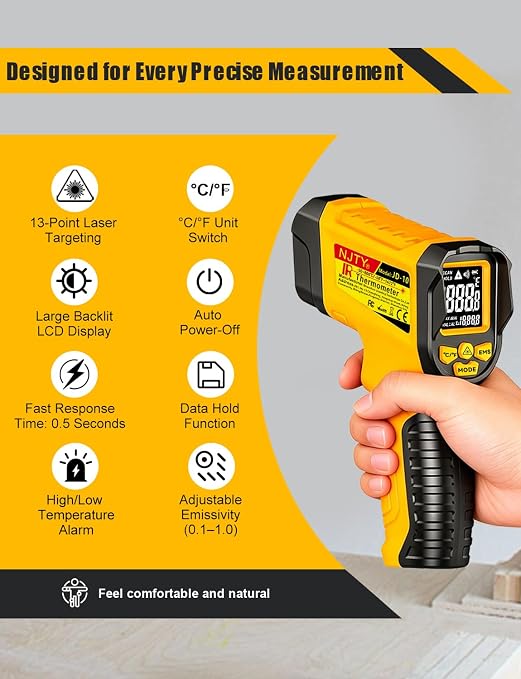 NJTY Infrared Thermometer Gun, -58℉ to 1472℉, High Precision, Non-Contact Laser Temperature Sensor with Backlit LCD, for Cooking, BBQ, Automotive, Industrial Use