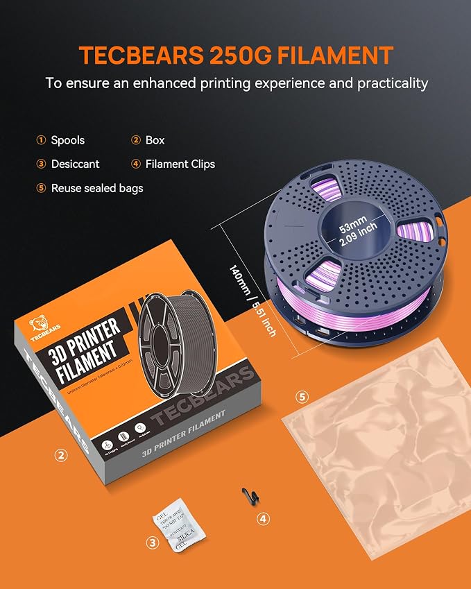 TECBEARS Silk Rainbow PLA+ 3D Printer Filament Bundle for Bambu 3D Printers | Fast Color Change Each 8 Meters, Silky Glossy PLA Plus, 250g Spool, 8 Rolls, 2kg Total, Individually Vacuum Packed