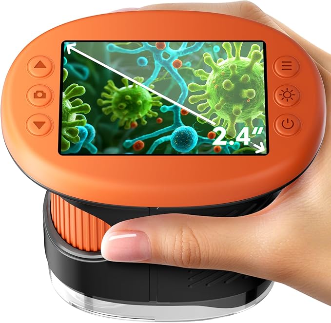 Odatay 4K 1000X Digital Microscope for Kids with Long Distance Viewing & 2.4" Screen, Portable Handheld Edu Toys for Kids Age 3-12 Exploring Bugs Plants at Home Classroom & Outdoor Travel, Orange