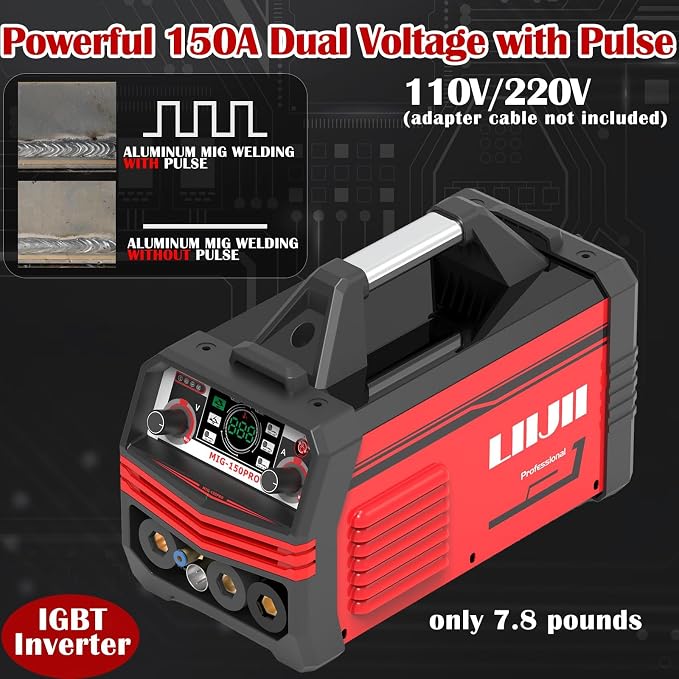 Aluminum MIG Welder with Pulse, 150A 110/220V Dual Voltage Welding Machine, 5 in 1 Aluminum MIG/Gas MIG/Gasless Flux Core MIG/Lift TIG/Stick Multiprocess Welder Machine, IGBT Inverter Welder