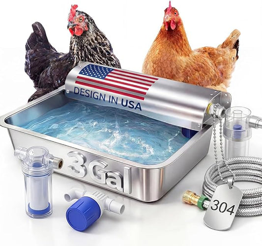 3 Gallon Automatic Chicken Waterer, Real 304 Stainless Steel Metal Poultry Waterer with Upgraded Float Valve, Extra Filter, 1.5M Hose (Stainless Steel Auto Waterer Set)