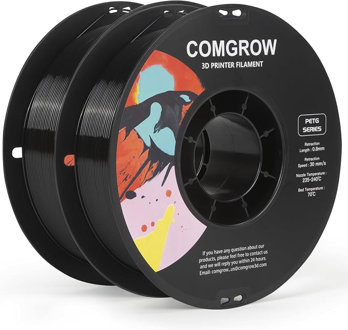 Comgrow PETG 3D Printer Filament 1.75mm, High Precision and Tough 3D Printer Filament 2kg (4.4LBS), Dimensional Accuracy +/- 0.02 mm, Fit Most 3D Printers Black+Black