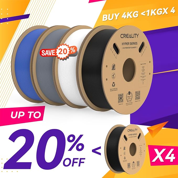 Creality Hyper PLA Filament 1.75mm, 30-600mm/s High Speed 3D Printer Filament, Dimensional Accuracy +/-0.02mm, Fit Most FDM 3D Printers, 4 Pack 1kg Spool(2.2lbs), Black & White & Grey & Blue