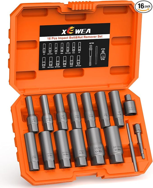 16PCS 3/8" Drive Deep Bolt Extractor Set, Impact Bolt Nut Remover Set, Stripped Lug Nut Extraction Socket Set For Narrow Space Removing Broken, Damaged, Frozen, Rusted, Rounded-Off Bolts, Nuts, Stud