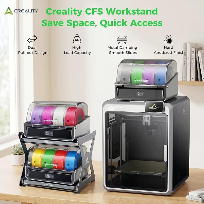 Creality Official CFS Workstand, Space-Saving Quick-Storage, Dual-Tier Pull-Out Shelves, 15kg Max Load, Metal Soft-Close Slides, Anodized Aluminum Finish, Holds Printers, Dry Boxes & CFS