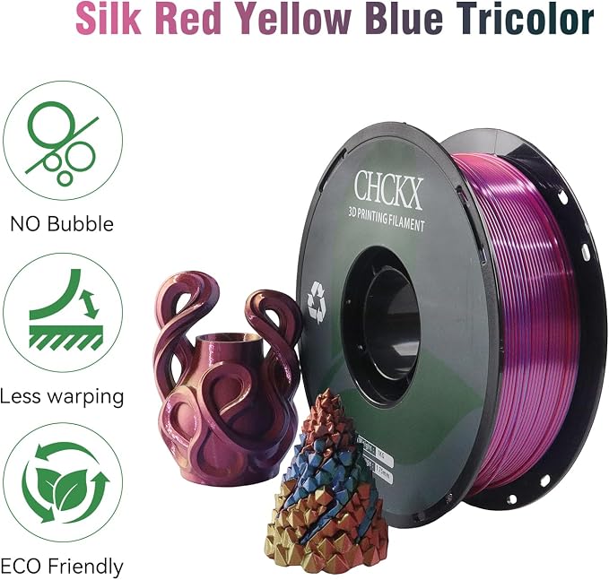 PLA 3D Printer Filament, Triple Color Silk PLA Filament, Dimensional Accuracy +/- 0.02 mm, 1 kg Spool(2.2lbs), 1.75 mm, Red Blue Yellow
