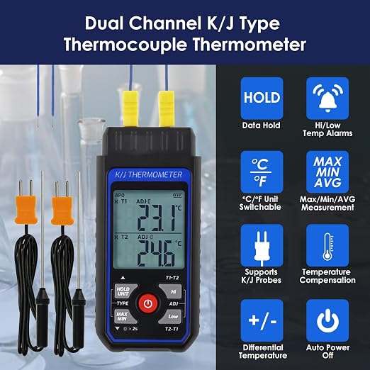 Dual-Channel K/J Thermocouple Thermometer with 4 K-Type Thermocouples -328°F ~ 2501°F Measurement Range HVAC Temperature Meter Gauge with Data Hold, MAX/MIN/AVG, Hi/Lo Backlit Alarm, ADJ Compensation