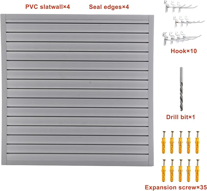 Slatwall Panel Garage Wall Organizer Storage Systems, Wall Mounted PVC Storage Rack with 10 Hooks, Interlocking Workshop Slat Wall Paneling Sheets Board Shelves Tools Organization-Grey (4’H x 4’W)