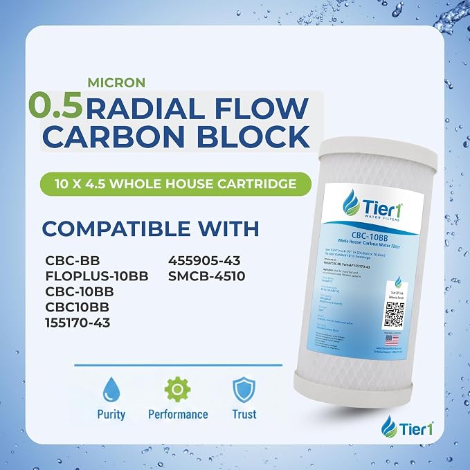 Tier1 0.5 Micron 10 x 4.5 Water Filter | Whole House Carbon Block Filter Replacement Cartridge | Replacement for Pentek CBC-BB, FLOPLUS-10BB, CBC-10BB, 155170-43 | 4.5 x 10 Water Filter (3-Pack)