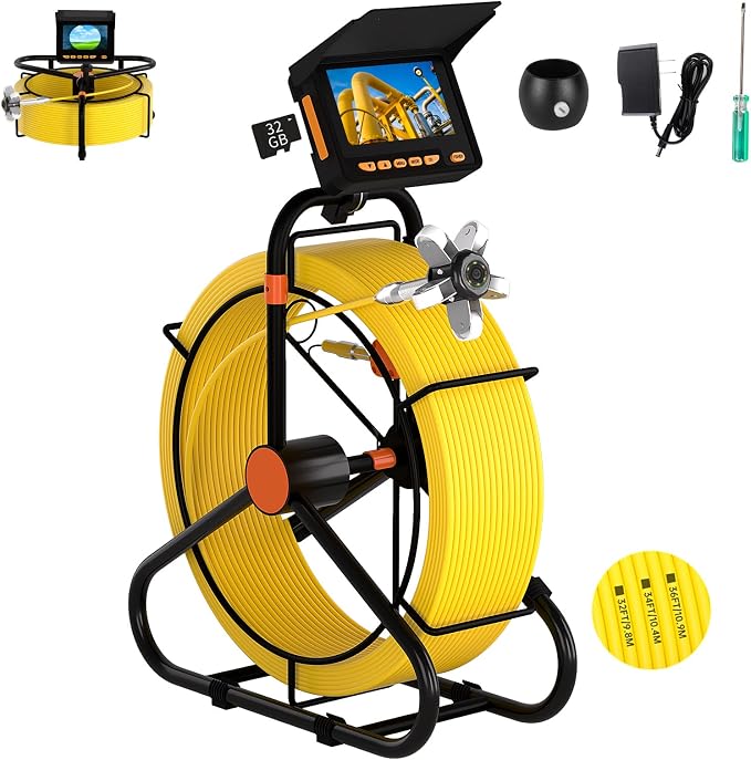 Drain Sewer Inspection Camera 150FT,JQKJCAM Waterproof 32GB DVR 17MM Sewer Drain Plumbing Camera Snake with Light,4.3'' IPS HD Screen,M/FT Mark,Portable Spool,3.5''Guide Wheel for Pipes (50m/165FT)
