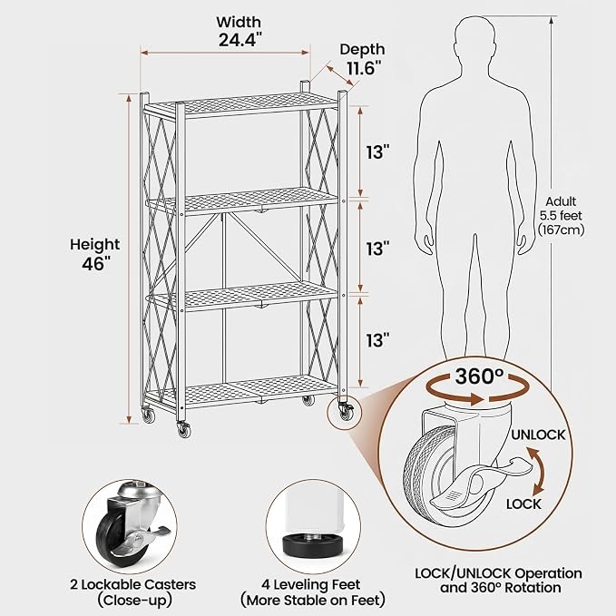 ALANNG 4 Tier Folding Storage Shelf on Wheels,Heavy Duty Metal Rolling Cart | 264 lbs Capacity, No Tools Assembly, Folds to 3.9", Lockable Casters, Portable for Kitchen Laundry Garage (White, 1 Pack)