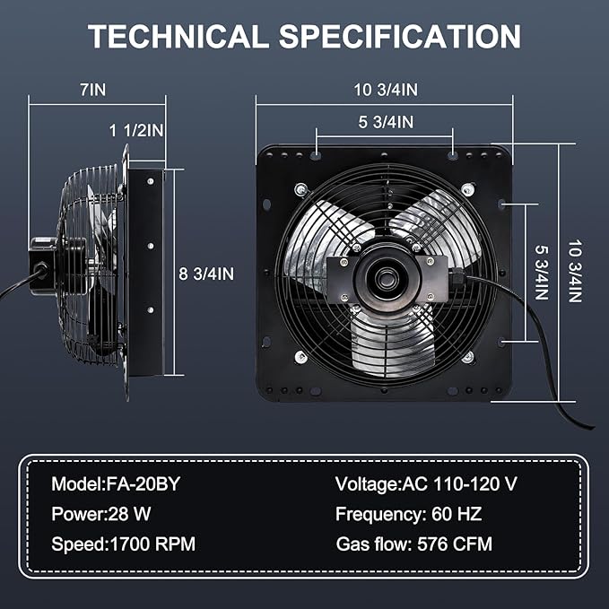 Criditpid 7 Inch Wall Shutter Exhaust Fan, Kitchen Exhaust Fan with ON/OFF Switch for Attic, Gable, Shed, Basement, Greenhouse, Garage Door Exhaust Fans, 576CFM, 1700RPM, Black