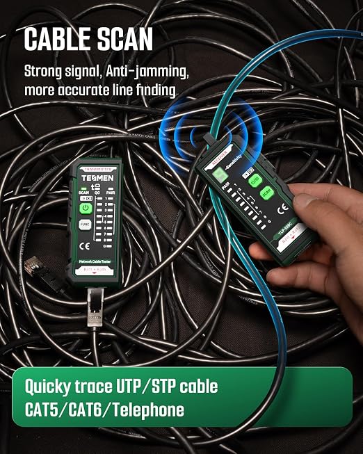 TESMEN TLP-528C Network Cable Tester, RJ11 RJ45, Ethernet Wire Tracer Toner for CAT5/CAT6 with Continuity & QC, LAN and Telephone line Finder, Suitable for Cable Maintenance and Sorting - Green