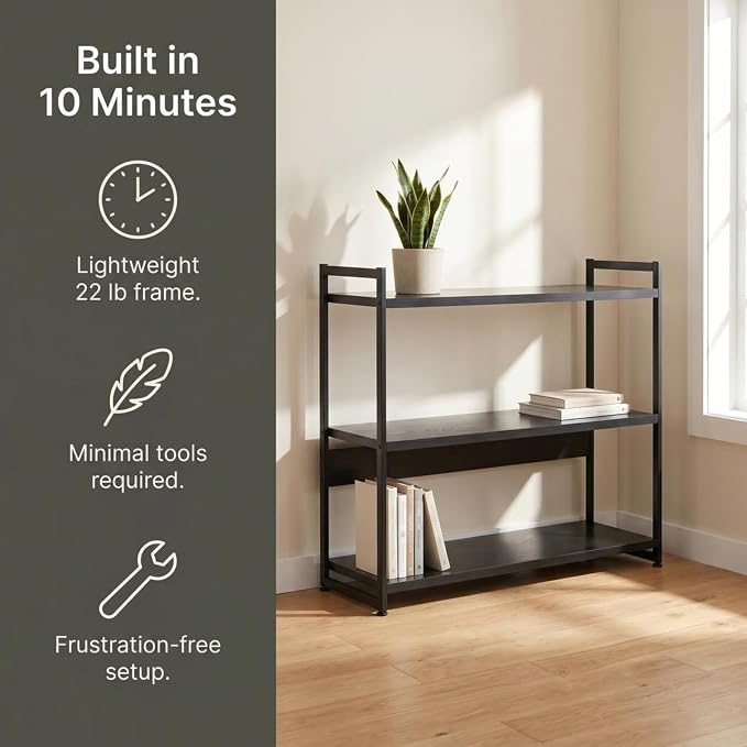 Household Essentials Jamestown Wide 3 Shelf Open Storage Bookshelf Black Oak Wood Grain and Black Metal
