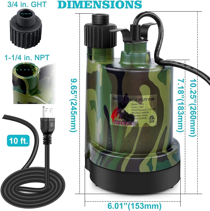 TIGEROAR 120V Submersible Pump 1/4 HP Water Transfer Pump 1800 GPH Utility Sump Pump with 10 ft. Cord and Hose Adapter for Transferring Water