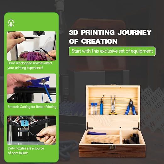 3D Printing Tool Set with Wood Box – 3D Printer Tools Features a deburring Tool, Wire Cutter, Drill, and Scraper for Model cleanup, Surface Smoothing, and Precise Drilling.