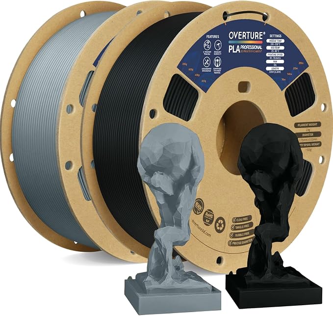 OVERTURE 2KG Bundle PLA Plus (PLA+) Filament 1.75mm, Stronger & More Durable, Professional Toughness 3D Printer Filament 1kg (2.2lbs) 2 Pack, High Precision +/- 0.02mm(Black & Light Gray)