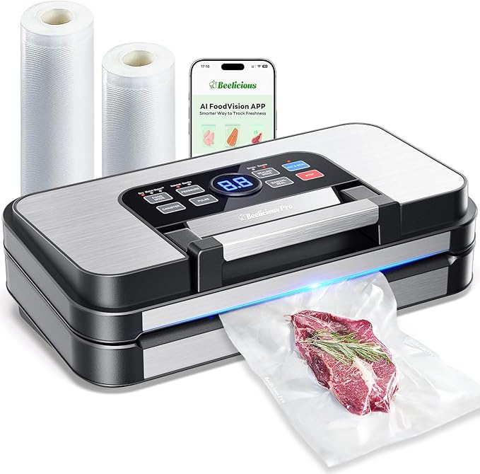 95Kpa Precision Pro Vacuum Sealer, with Double Heat Seal & Dual-Pump for Dry/Moist Food, 2X Strength, Food Vacuum Sealer Machine with Easy-Lock Handle, Built-in Cutter & Bag Storage, Stainless Steel