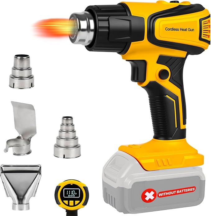 Cordless Heat Gun Compatible with Dewalt 20V Battery 350W Fast Heating 2-Temp Setting120℉-1110℉ Portable Hot Air Gun with LCD Display 4Nozzle for DIY shrink wrapping (Tool Only, Not Made by Dewalt)