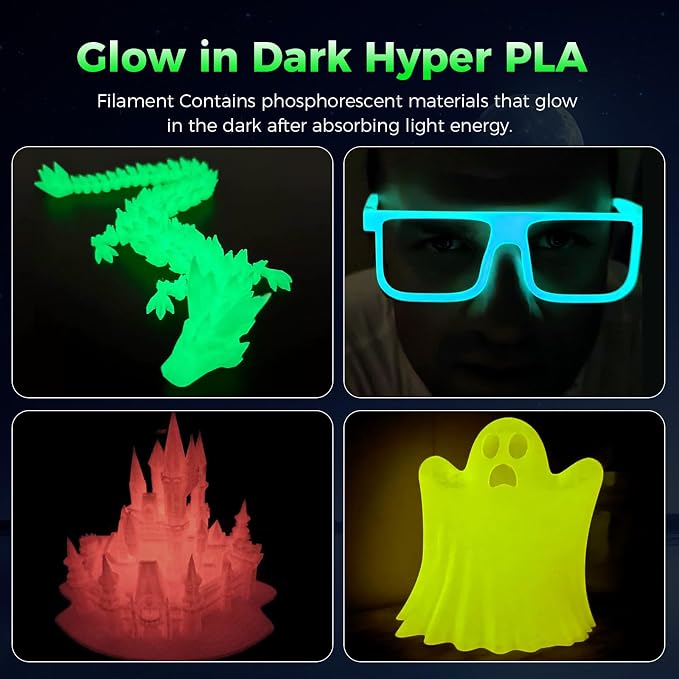 Creality Glow in The Dark Hyper PLA Filament, Luminous 3D Printer Filament 1.75mm, High Brightness&Long Time Glows Filament Bundle, Dimensional Accuracy +/-0.02mm, 4kg Spool(Pink,Blue,Yellow,Green)
