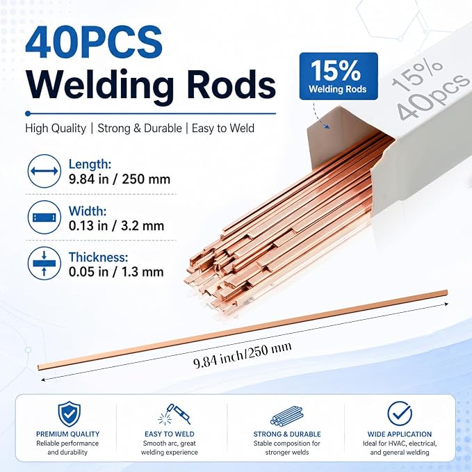 Tandefio 15% Silver Brazing Rods AWS BCuP-5 40 Sticks, Silver Solder Flat Welding Rods 0.050"x1/8"x10" for Air Conditioning, Refrigerator, Cold Storage & HVAC Units, Phos Copper Brazing Alloys