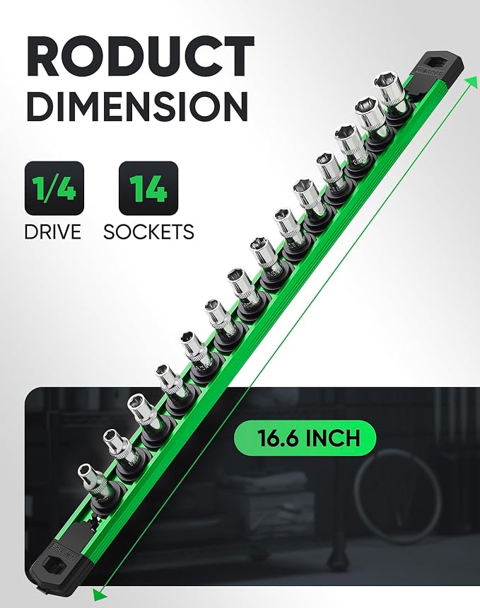 ALOANES Magnetic Socket Organizer Set, 1/4-Inch Drive Heavy Duty Aluminum Socket Rail Organizer, 360° Swivel Clips Socket Holder Kit for Toolbox Drawer Fit 1/4-Inch x 14 Clips (Green, 1PC)