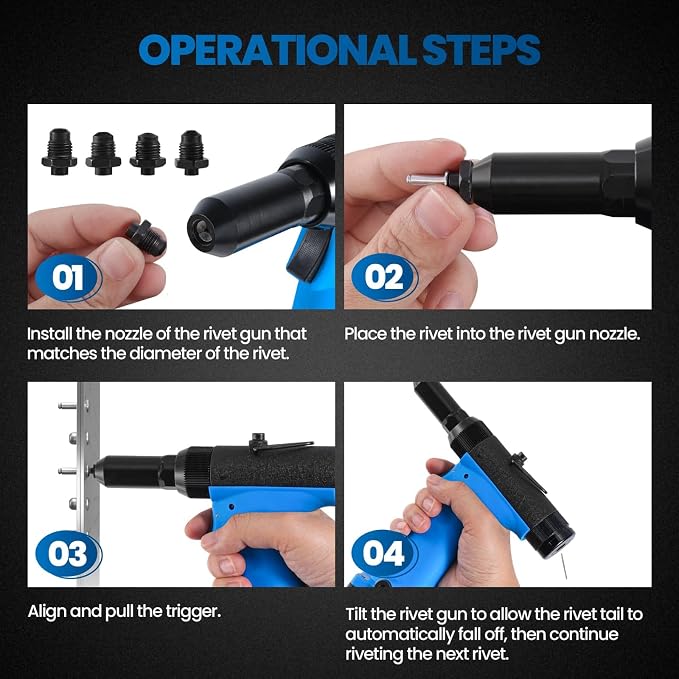 Pneumatic Rivet Gun Air Pop Riveter Tool Kit with 1/8", 5/32", 3/16", 1/4" Rivet Nozzles, Pneumatic Riveting Gun, Upgraded Air Riveter Hydraulic Pop Riveting Rivets Tool, No-Self-Suction