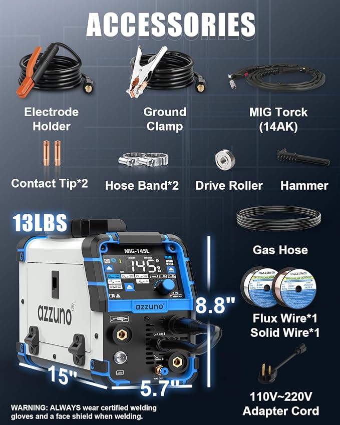 AZZUNO 145A MIG Welder 110V/220V, 4-in-1 MIG Welding Machine with Gas/Gasless Flux Core MIG, Lift TIG, Stick, Synergic Wire Feed Welding Machine for Beginners, Home DIY, Automotive Repair Projects